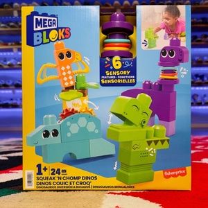 Mega BLOKS Sensory Toys for Toddlers, Squeak 'n Chomp Dinos with Building Blocks